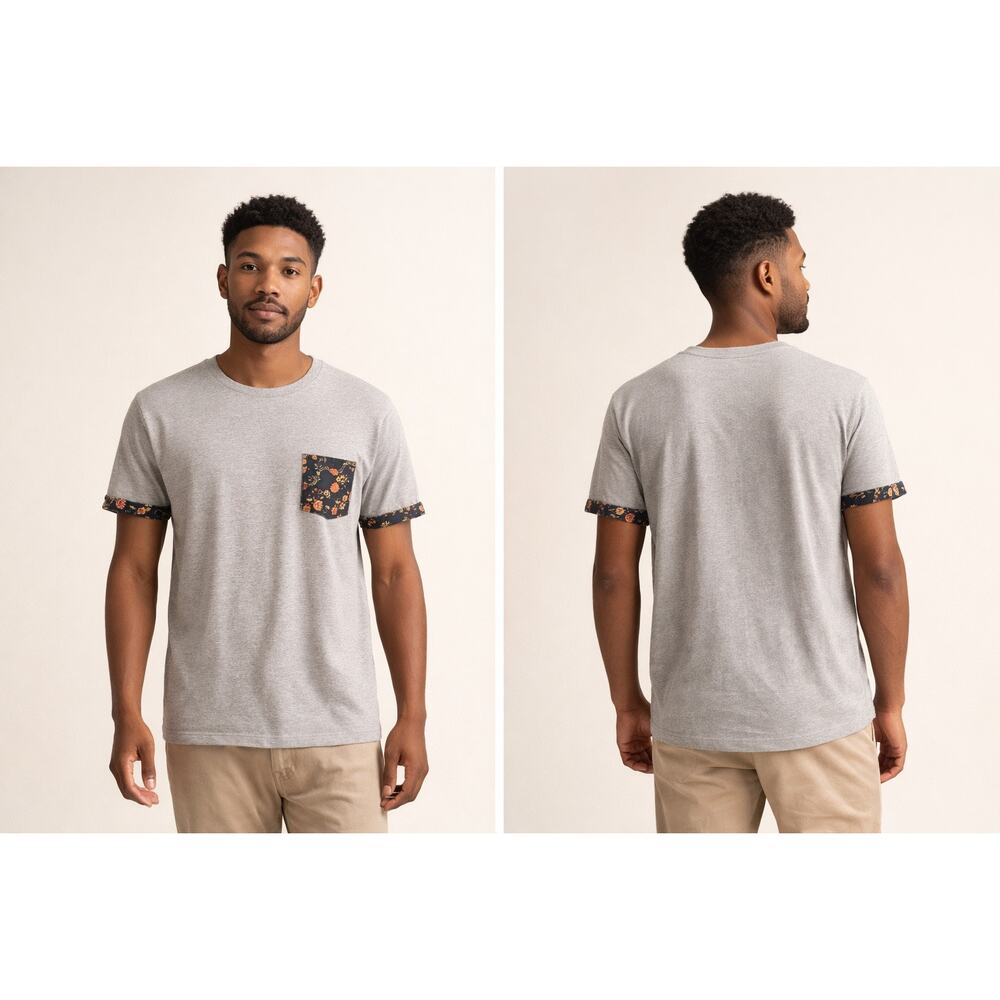 Floral Pocket Tee Mens Large Gray Indie Casual Minimalist Streetwear Old Money